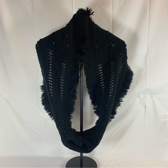 Sweaters - Black Textured Knit Infinity Scarf with Fringe | One Size